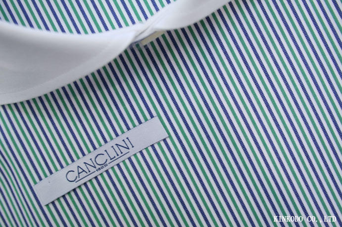 グリーン×ネイビーの細ストライプ　イタリア CANCLINI カンクリーニ社　綿１００％