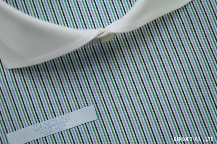 ブラック×グレー×グリーンのマルチカラーストライプ　カンクリーニ社製生地　綿１００％